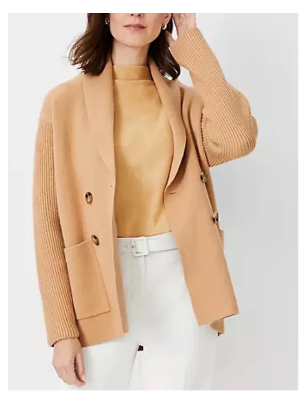 Ann Taylor Dominican Sand shawl collar double-breasted sweater jacket